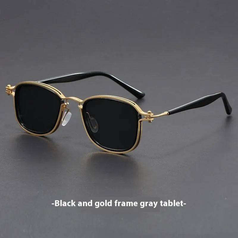Retro square sunglasses with metal and plastic frame, shown in Hawksbill Tea colour with wave pattern on lenses.
