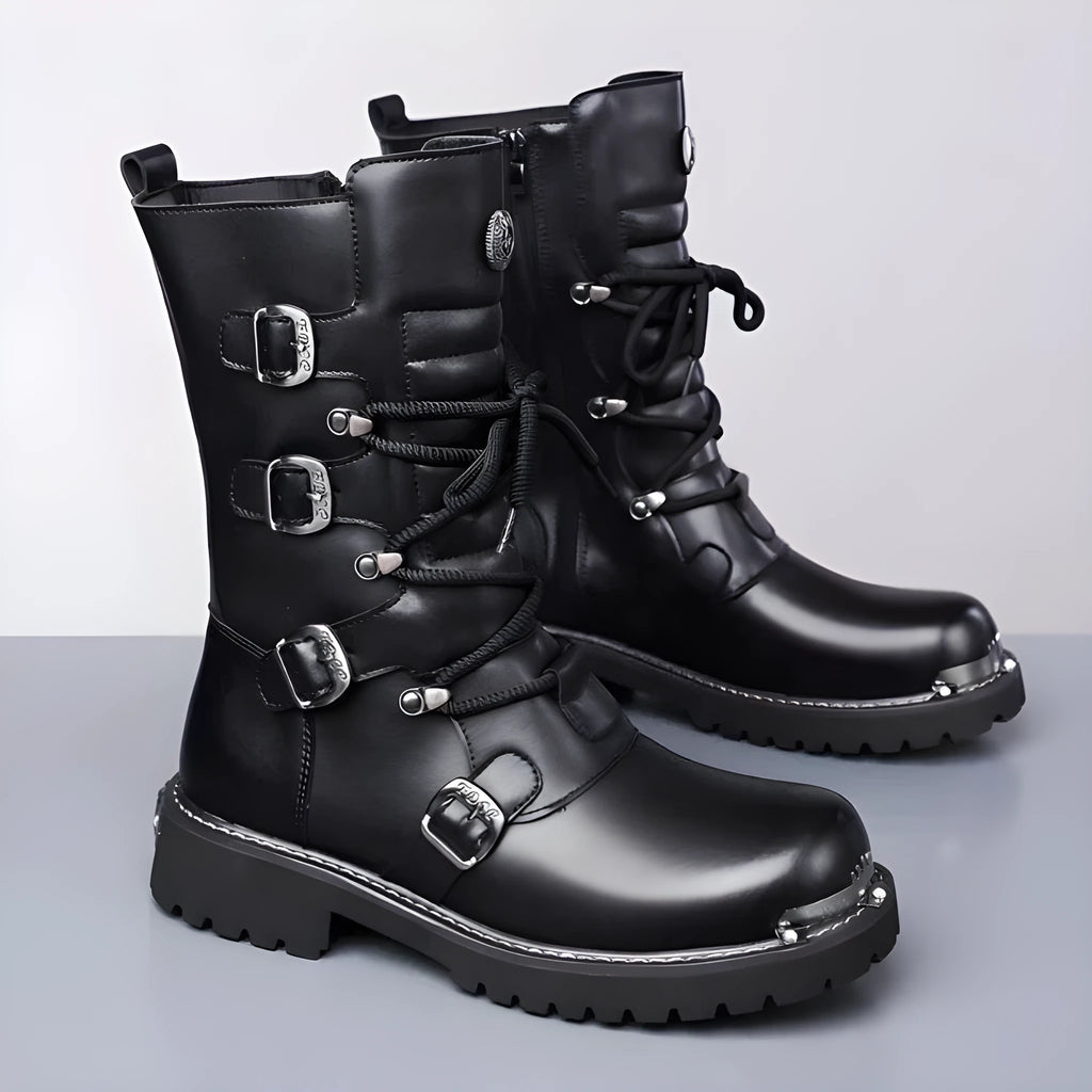 Men's black vintage high-top riding boots with side zipper, round toe, and suede finish over rubber sole