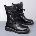 Men's black vintage high-top riding boots with side zipper, round toe, and suede finish over rubber sole