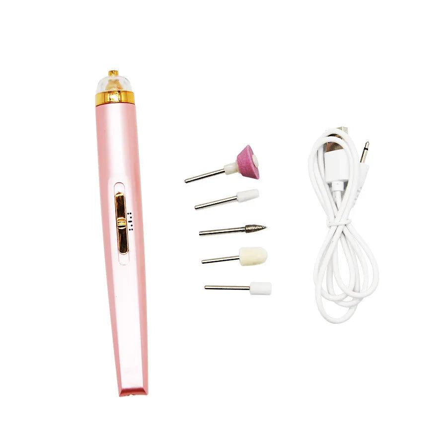 5in1 cordless USB electric nail drill set with LED light, five abrasive heads, and rechargeable battery in pink