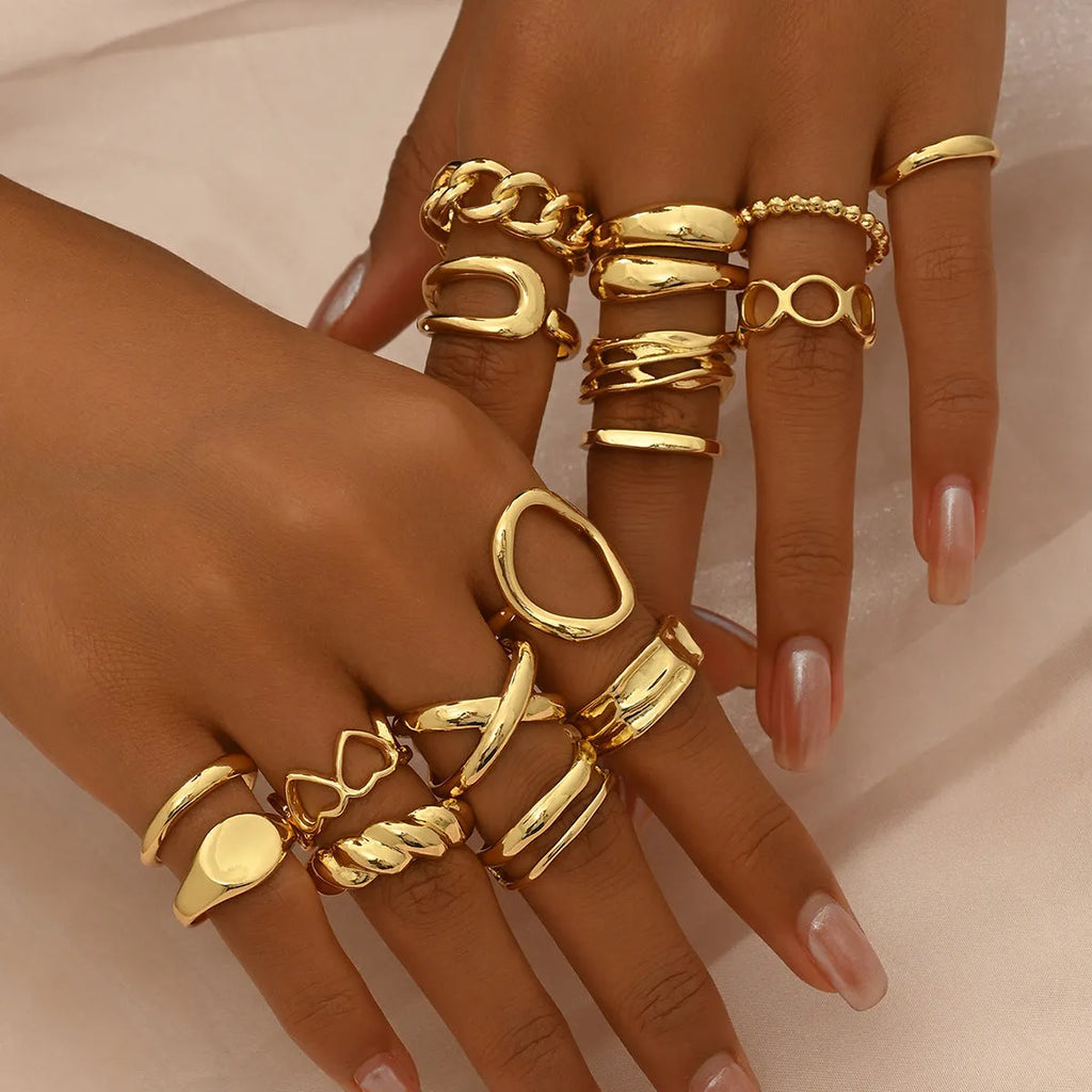 16-piece women's open ring set in silver or gold with love and geometric designs