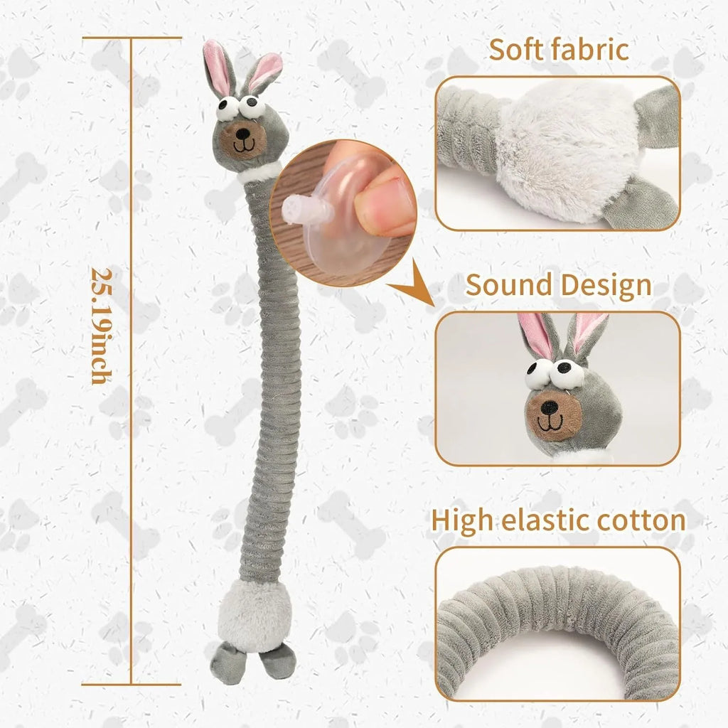 Brown grey yellow squeaky dog toys with plush stuffing and crinkle sound
