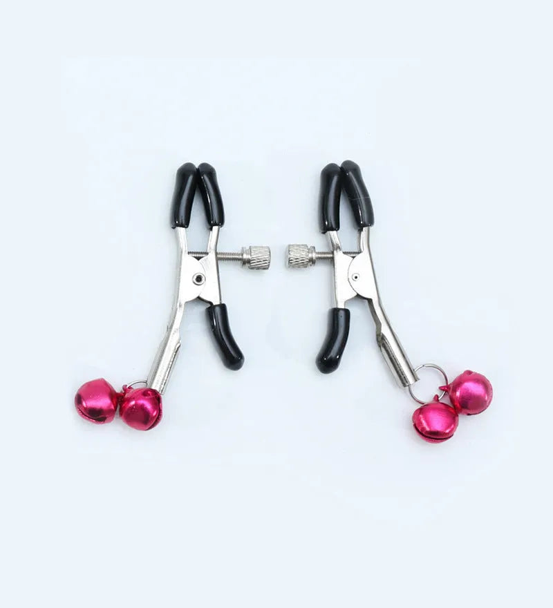 Red single bell nipple clamp pair with reel chain and two gold bells on white background