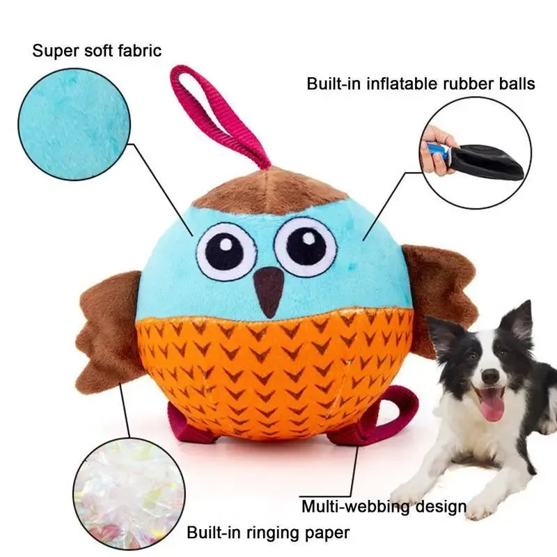 Orange Owl Ball interactive dog toy with velvet surface and rubber core on white background