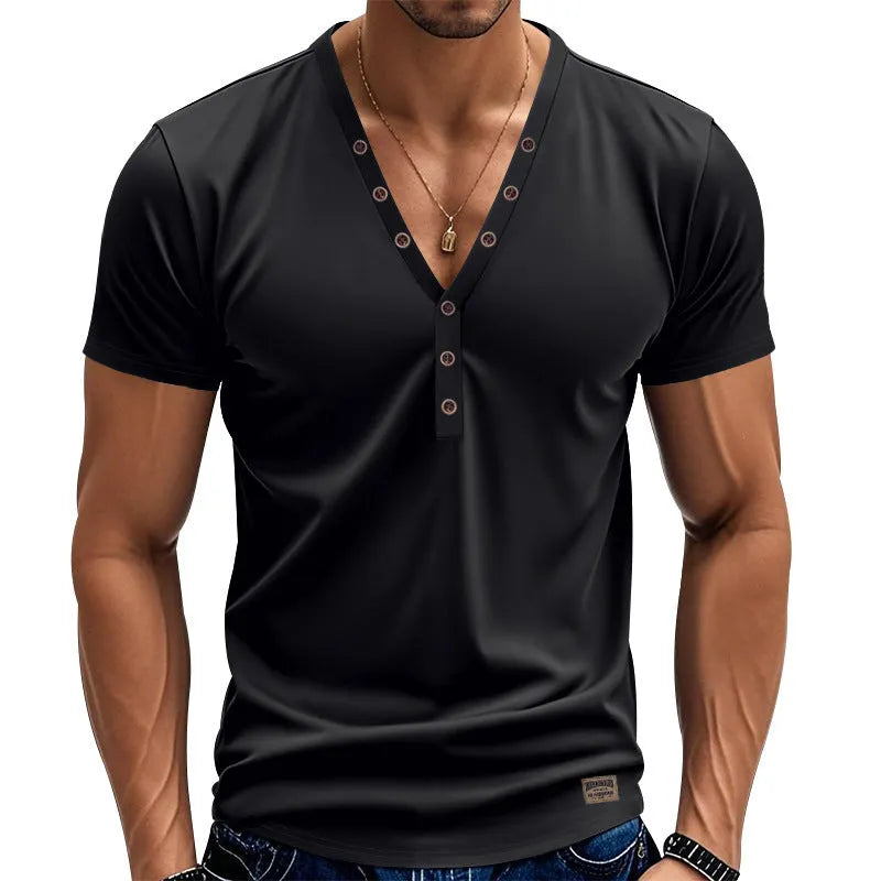 Men's loose thin grey V-neck pullover top with button design on a hanger.