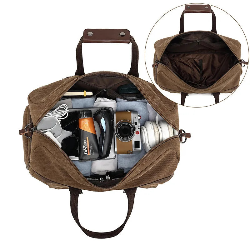 Large capacity crossbody travel bag in canvas with retro sewing detail and crossbody strap