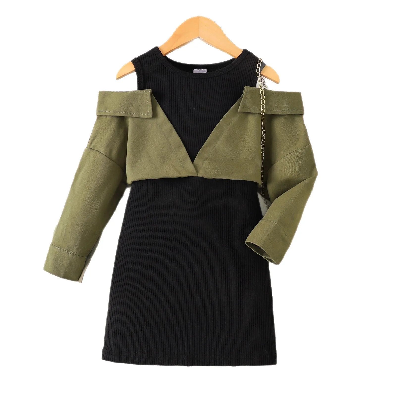 Children's off-shoulder long sleeve dress in military green cotton fabric, pullover style, suitable for ages 4 to 7 years