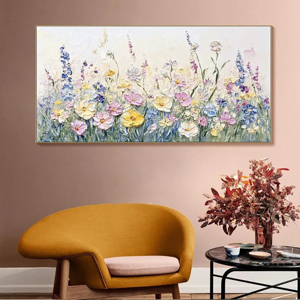 Handmade oil painting canvas with 3D palette knife flowers, rolled frameless unstretched wall art for home decor