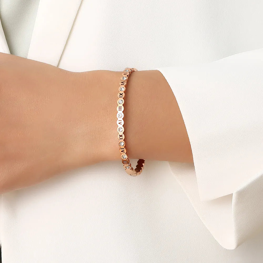 Trendy titanium steel bracelet with Korean style number design in gold rose gold or steel colour