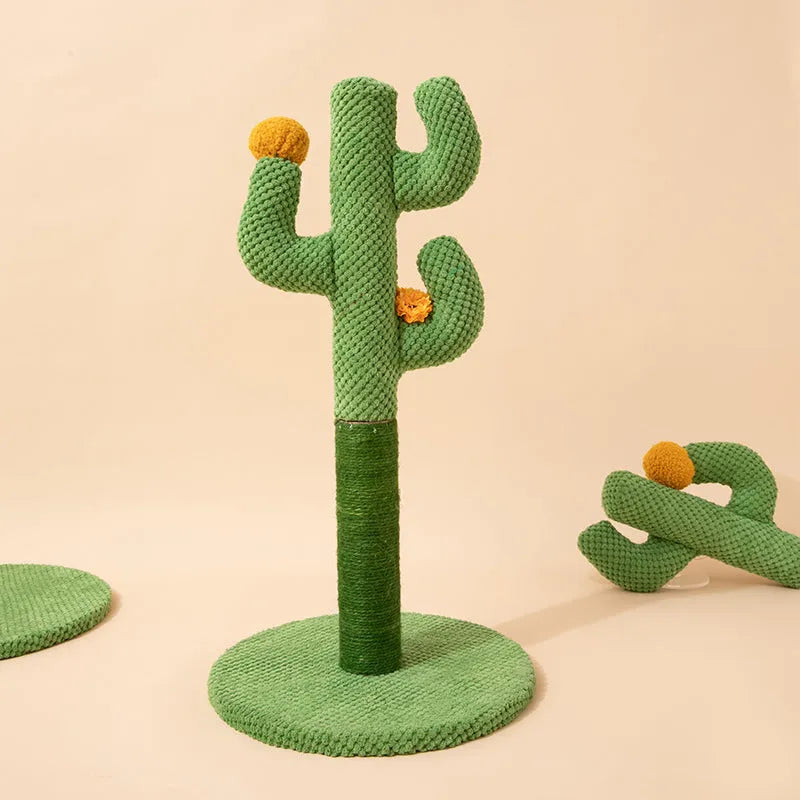 Cactus-shaped cat scratch board with vertical sisal climbing pole in green cotton thread construction