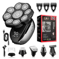 Black rechargeable hair clipper kit with multiple attachments including trimmer, combs, and cleaning brush.