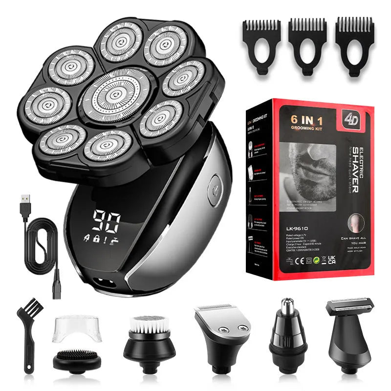 Black rechargeable hair clipper kit with multiple attachments including trimmer, combs, and cleaning brush.