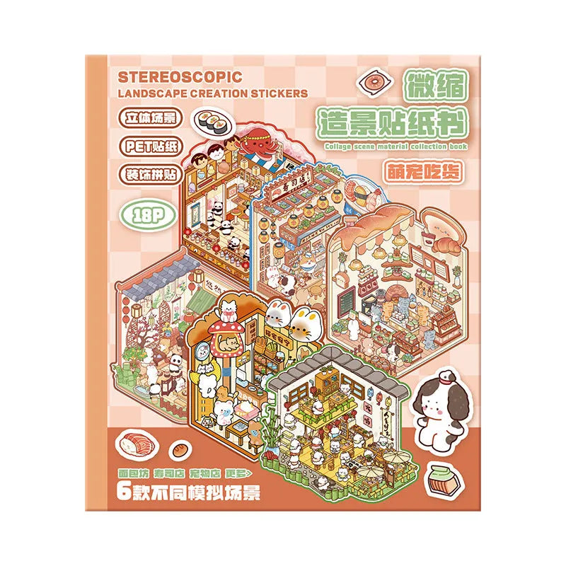 3D stereo cottage landscaping miniature scene stickers book with PET material, cartoon pet foodie and small animal daily designs