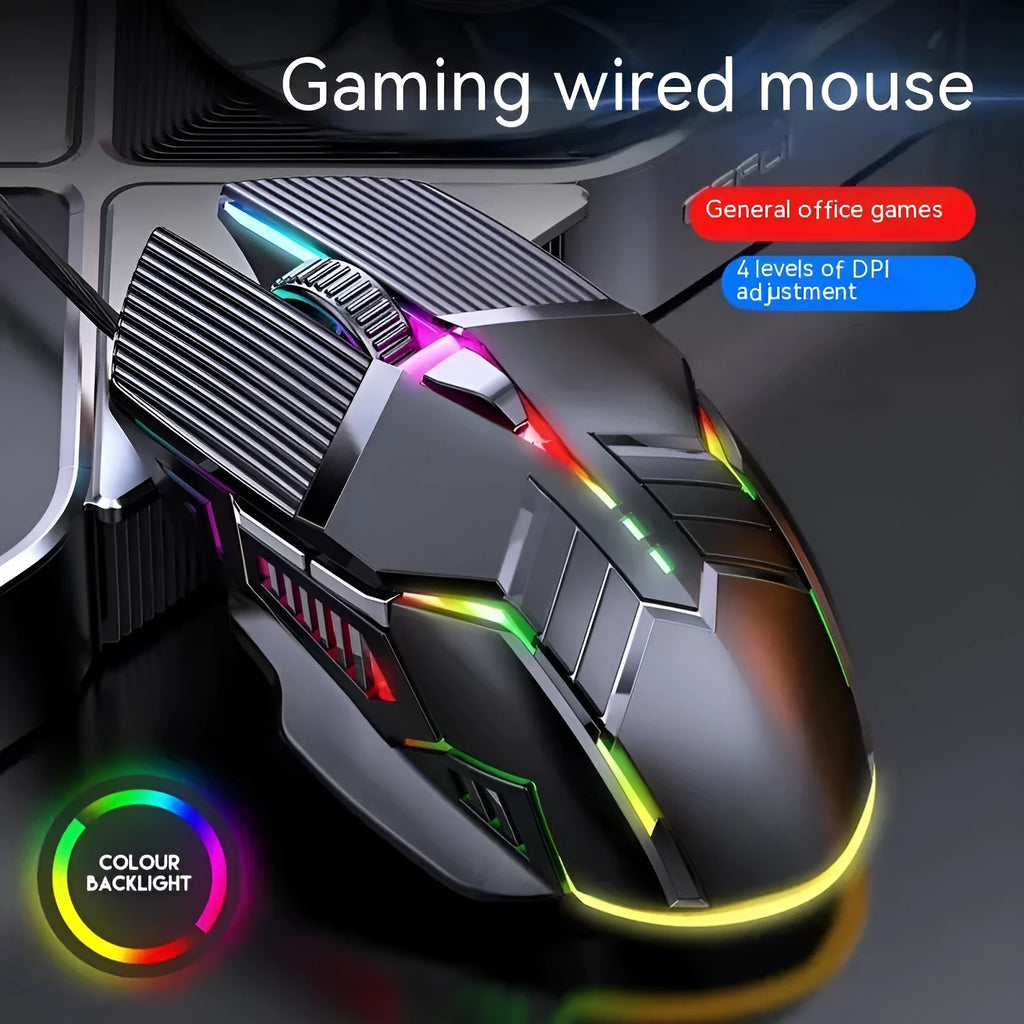 6D colourful luminous wired mouse in black, white, or pink with USB cable for desktop gaming or office use