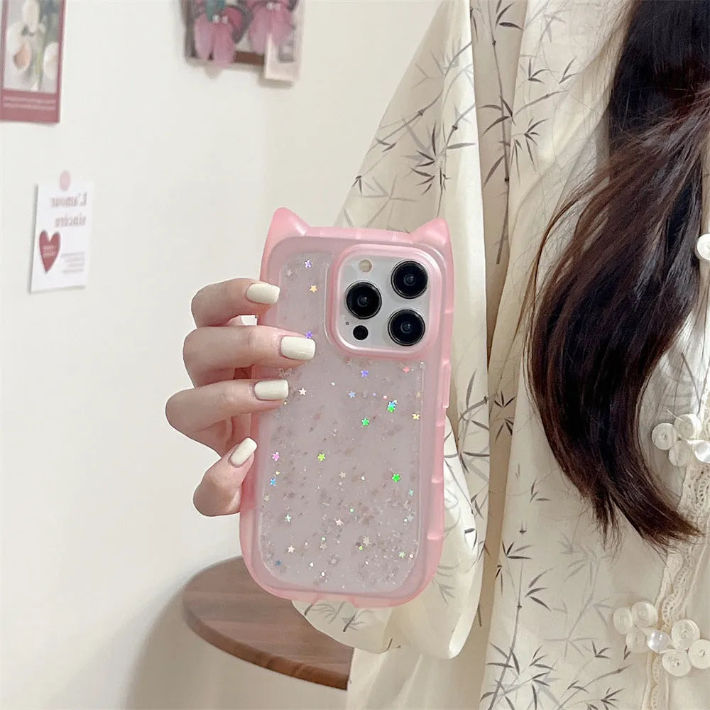 Three-dimensional cat ears epoxy glitter phone case for Apple iPhone in pink colour