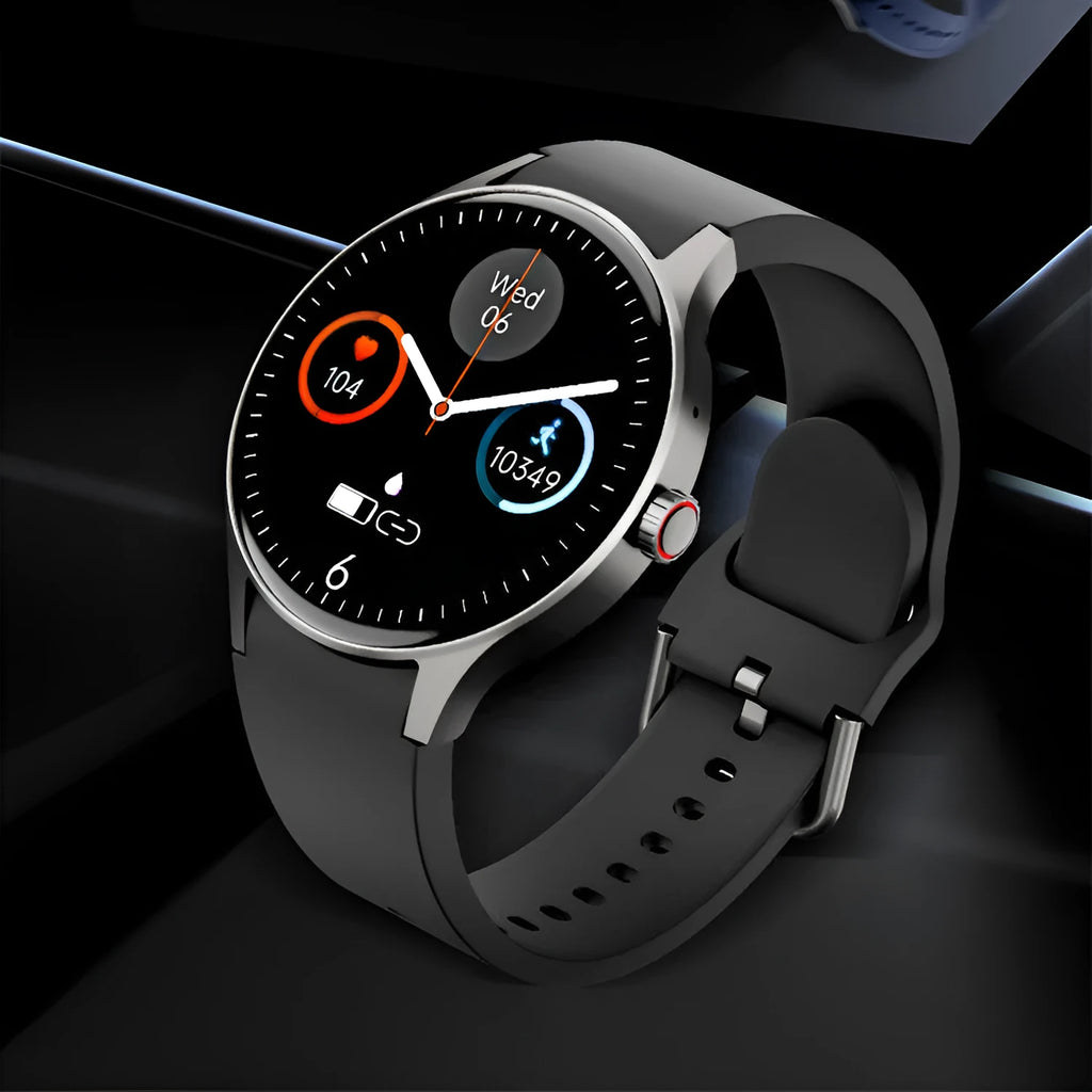 Black smart sport watch with round touch screen on a wrist, showing fitness stats.