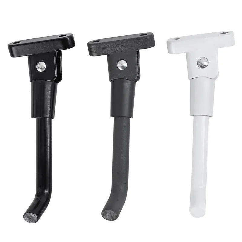 Aluminium alloy electric scooter foot brace accessory in black, white, and grey colours with screws and hex wrench.