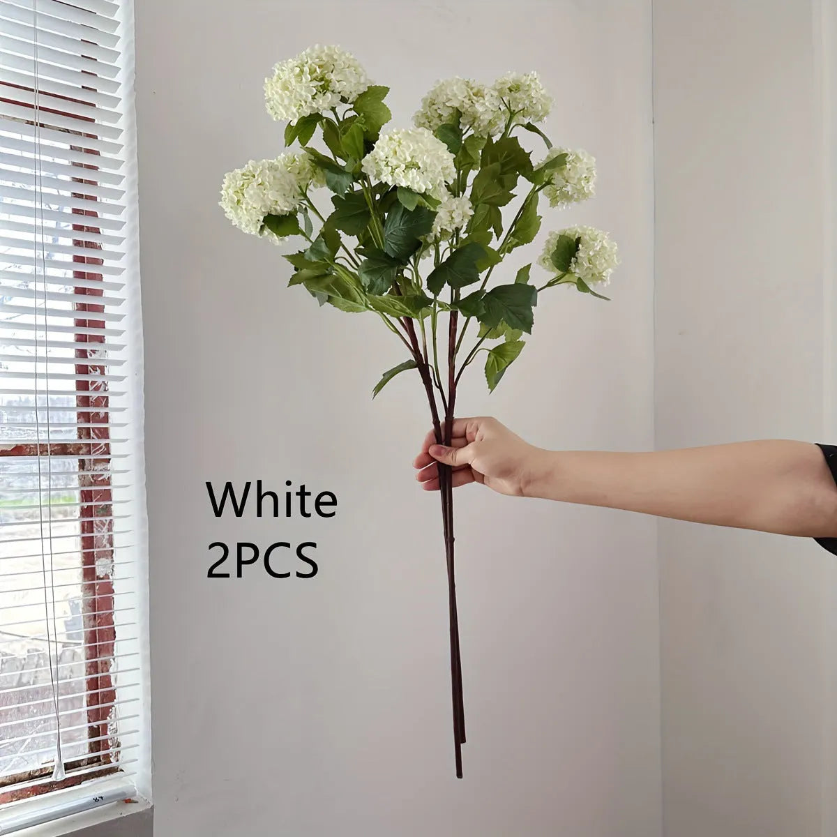 Artificial silk hydrangea flower decoration prop with long branches in white and green for wedding and home use