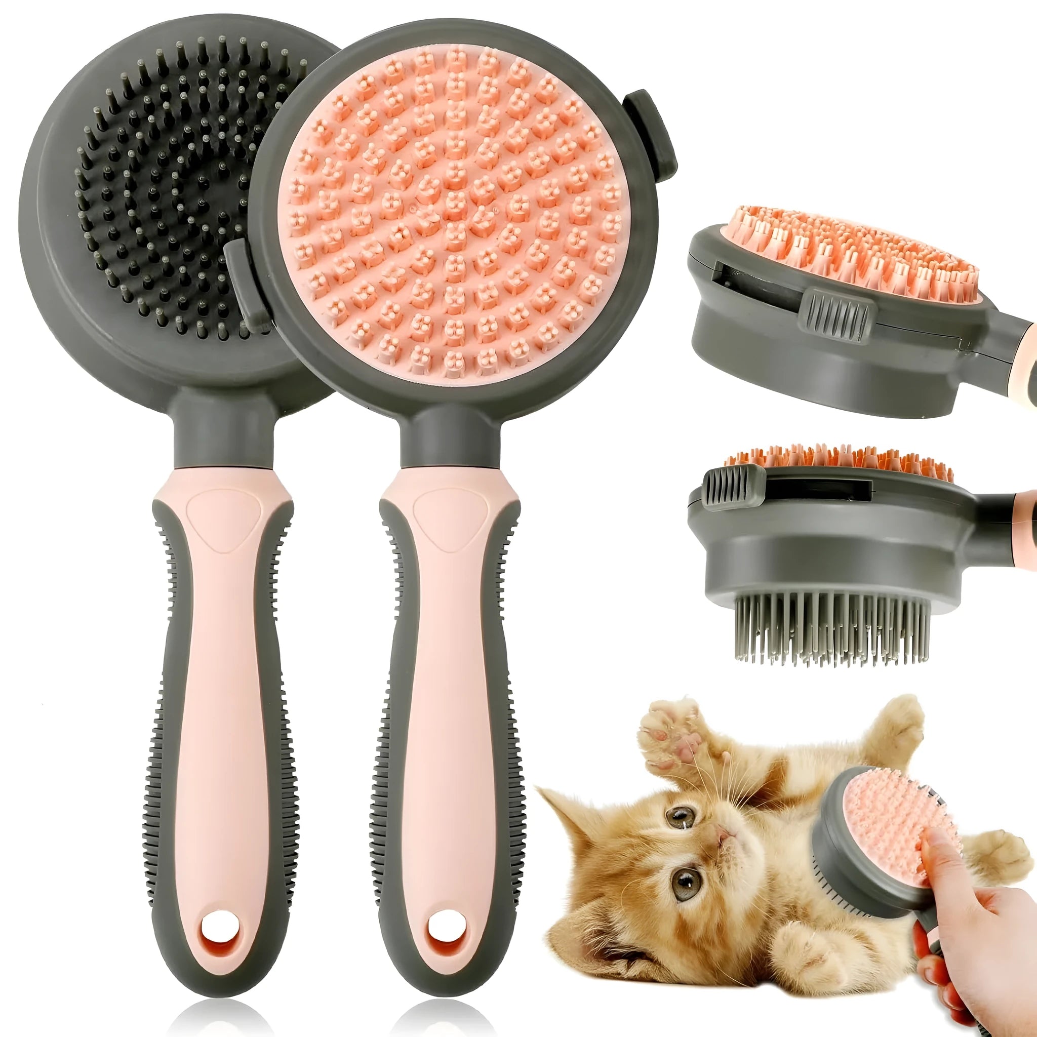 Green and pink double-sided cat brush with release button and a separate flea comb on a white background.