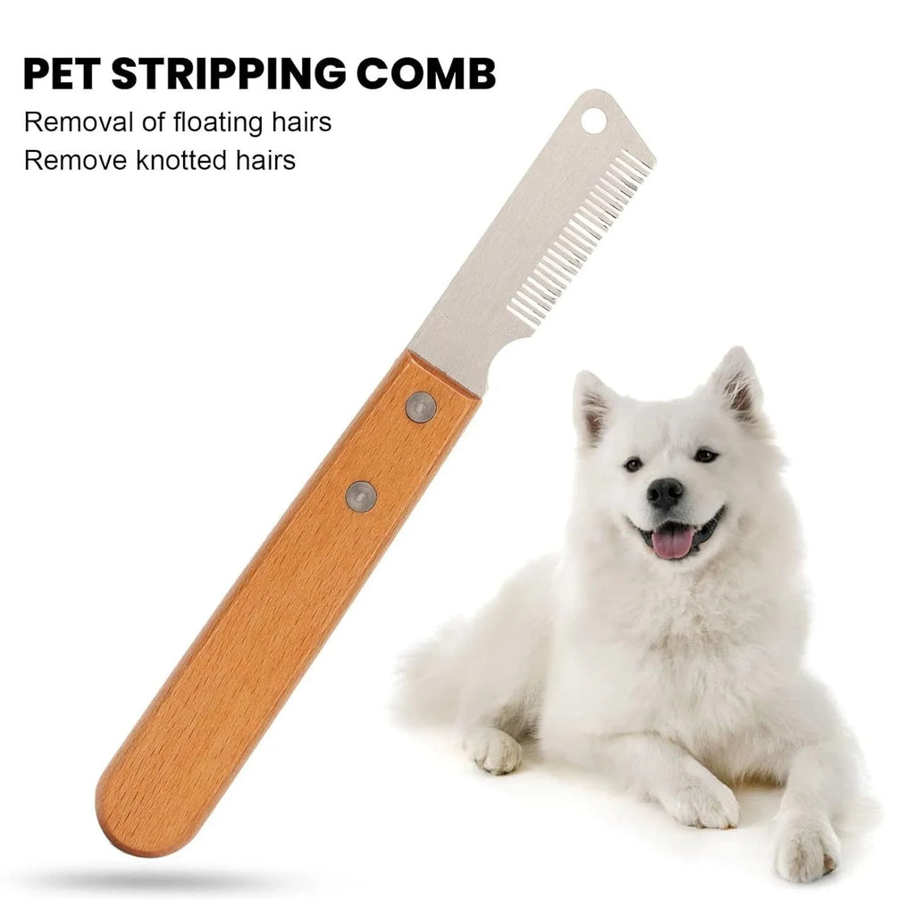 Pet stripping comb with wooden handle and metal teeth for dog cat grooming