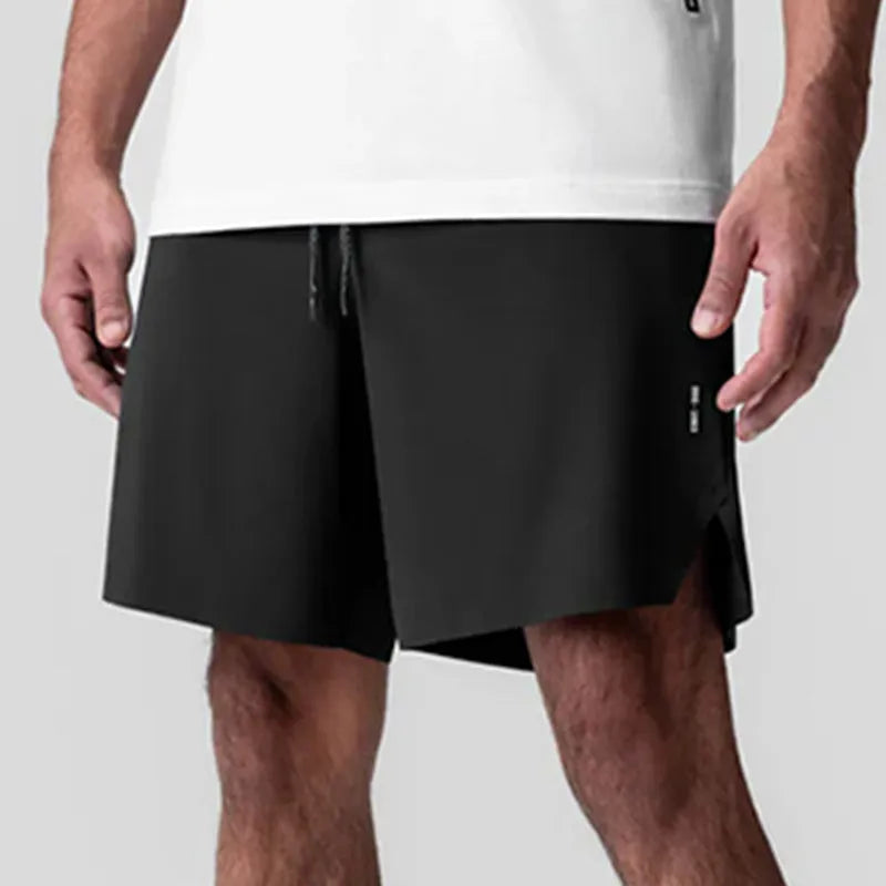 Men's grey seamless sports shorts with knee-length straight-leg design for athletic wear