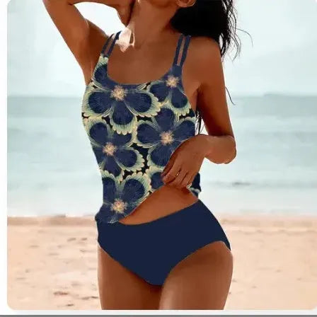 Vintage printed high waist conservative swimwear set with retro dot pattern in black