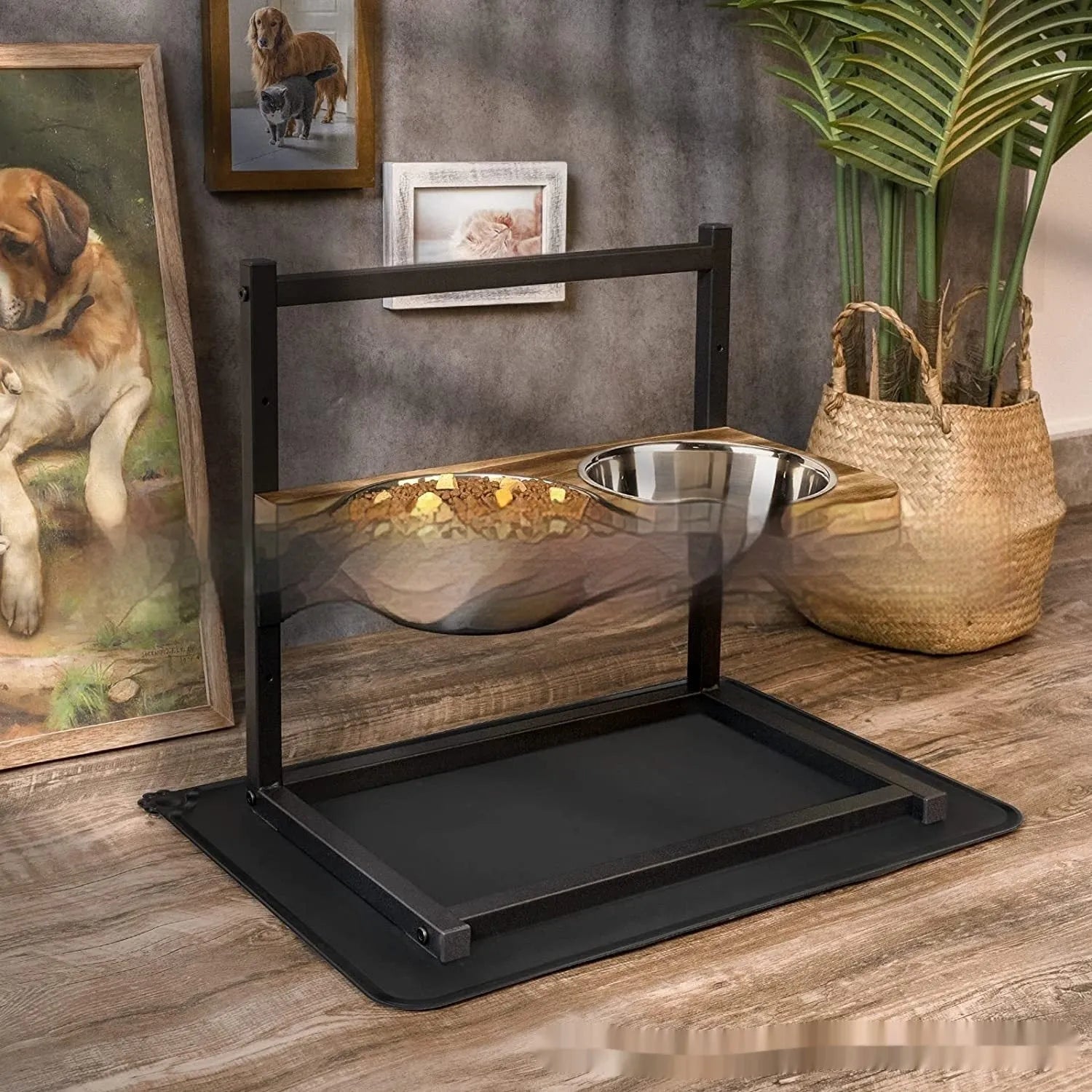 Black iron two-tier dog bowl rack stand with food and water bowl positions
