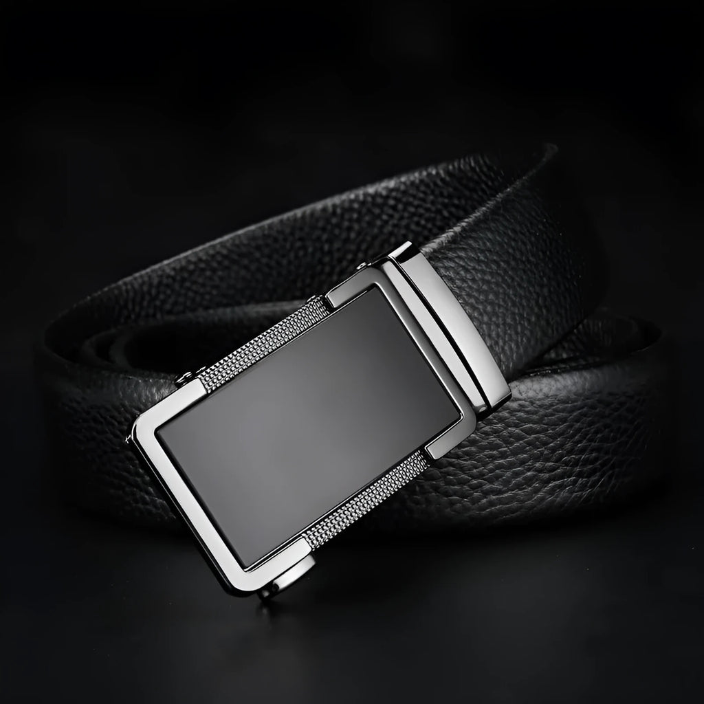Men's leather automatic buckle belt showing alloy buckle in gun black, silver, or gold colour options.