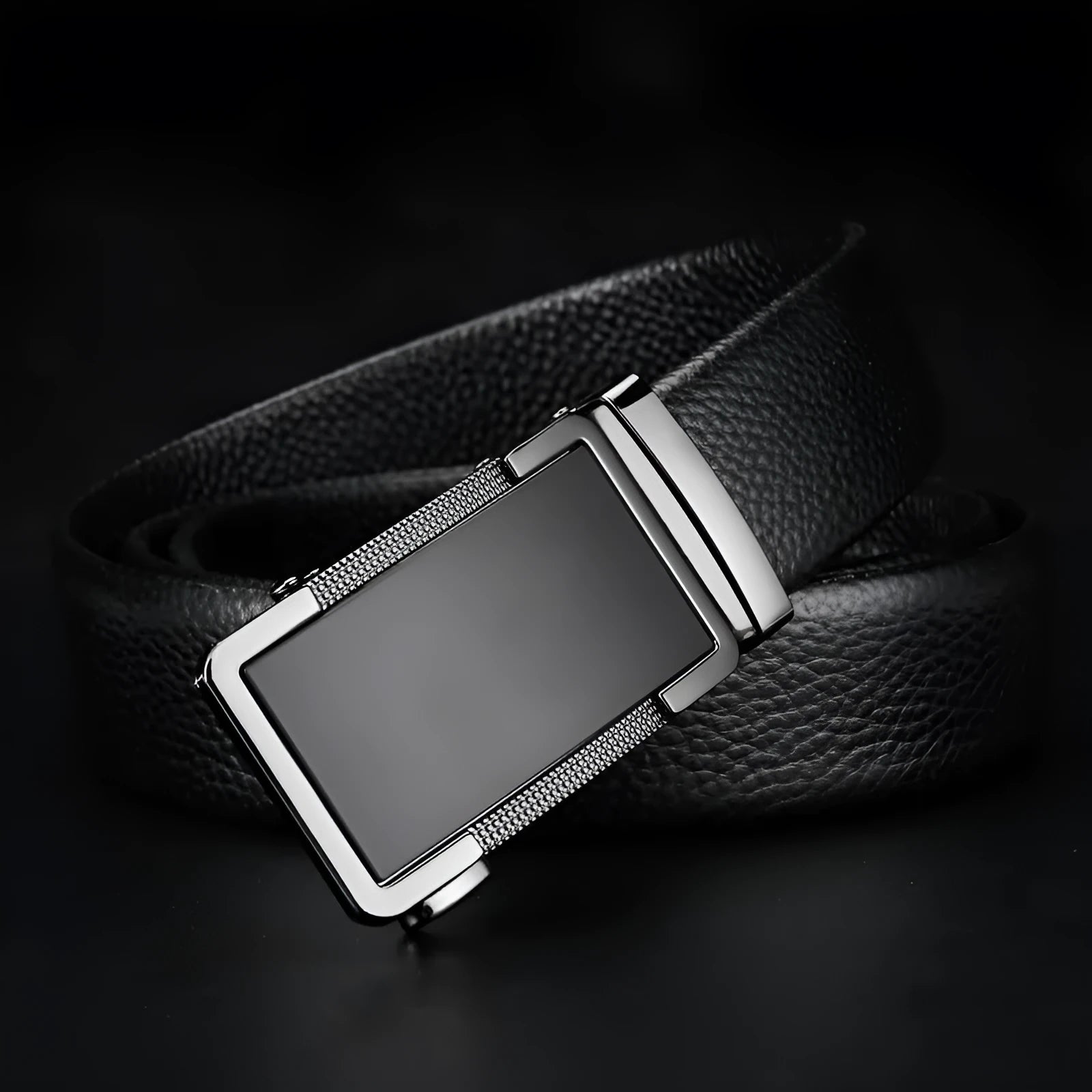Men's leather automatic buckle belt showing alloy buckle in gun black, silver, or gold colour options.