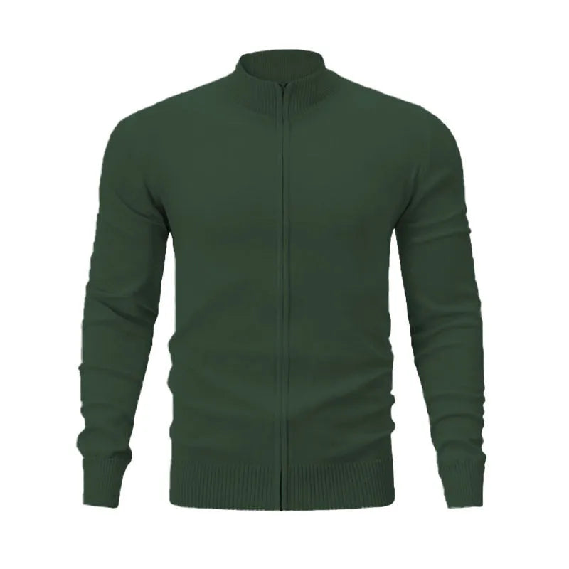Men's loose-fitting casual zip-front cardigan sweater with a stand collar in a solid colour.