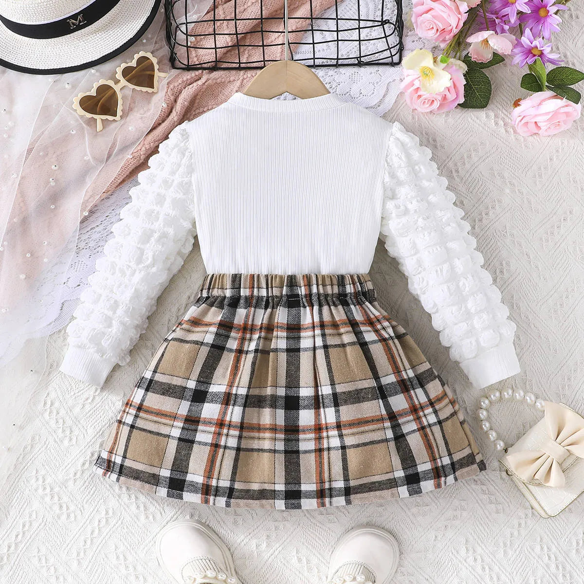 Beige children's cartoon bear print top and plaid skirt two-piece suit for girls
