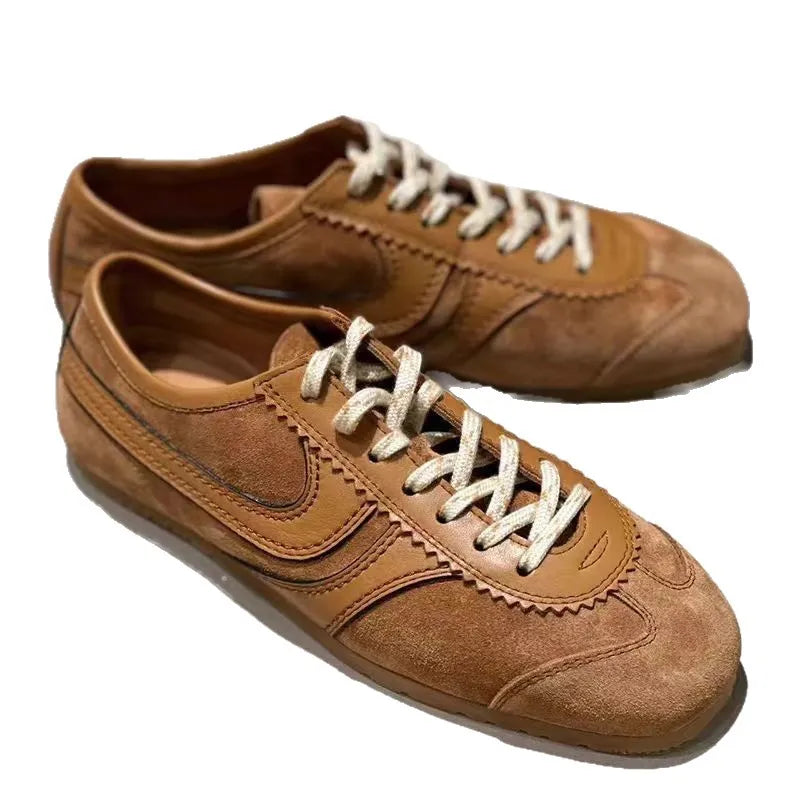 Genuine leather retro women's sneakers in brown, low top flat heel casual shoes