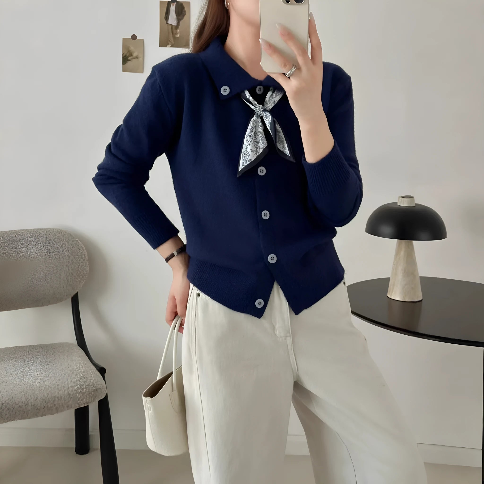 Lapel scarf cardigan sweater in acrylic fibre with splicing design elements and long sleeves