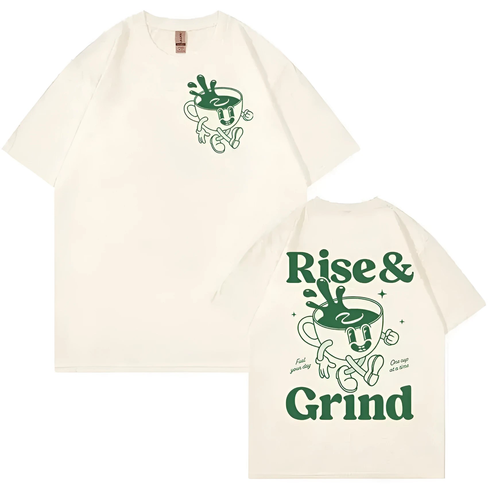 Men's loose fit linen blend t-shirt with Rise And Grind green coffee cartoon print design