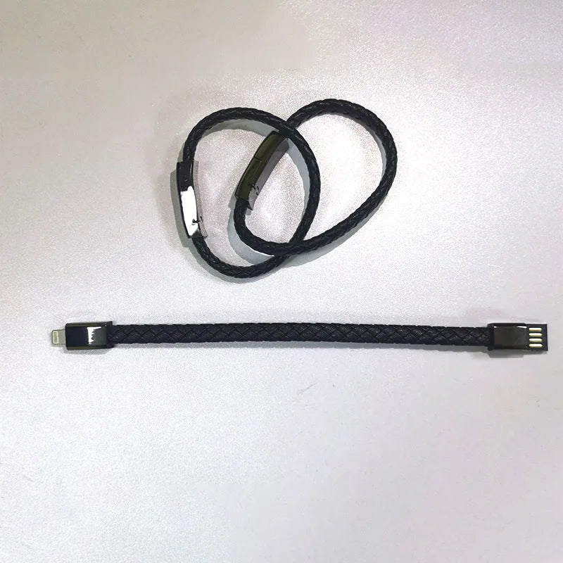 Black braided PU leather bracelet charger USB cable with zinc alloy connector on wrist