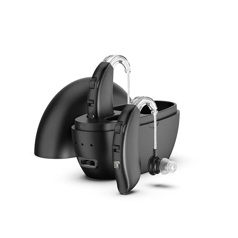 Digital Bluetooth hearing aid in skin colour with Type-C charging cable for elderly users