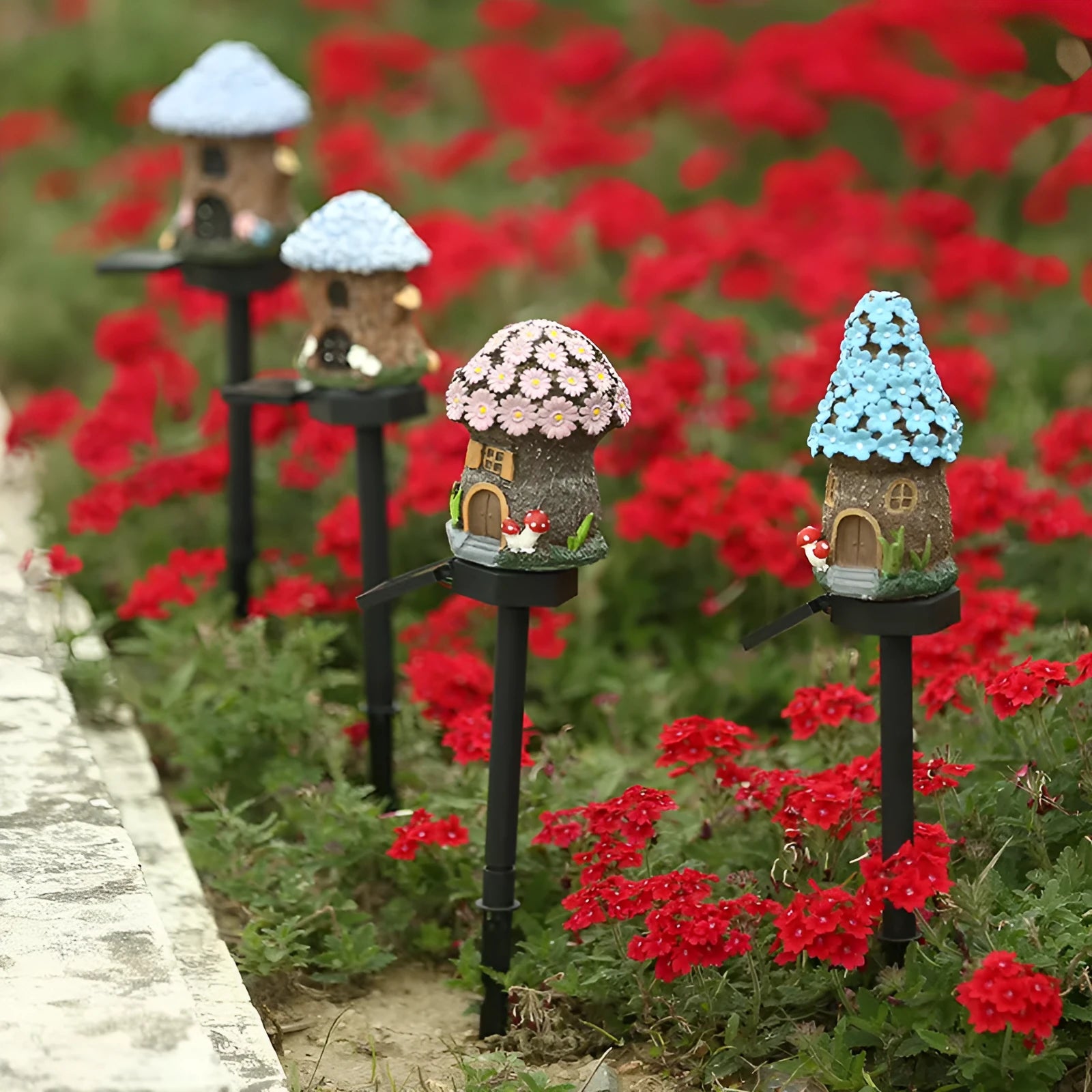 Solar-powered outdoor LED landscape light with flower-shaped resin house design and IP55 waterproof rating