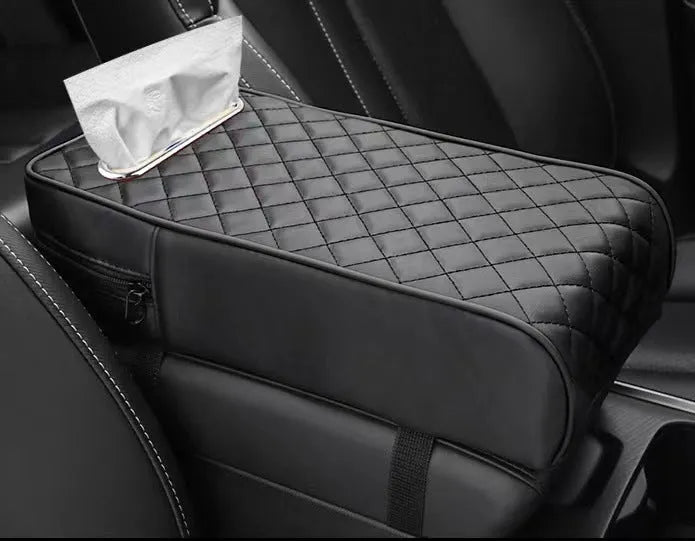 Universal car armrest box cushion in leather with built-in tissue buggy bag