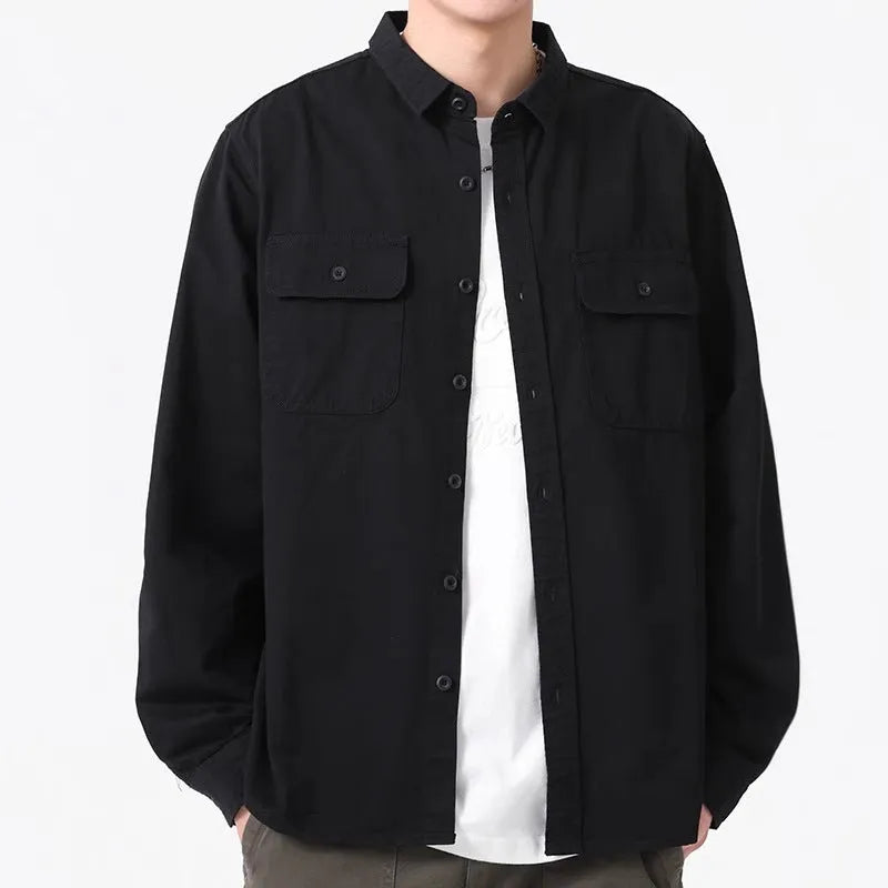 Men's loose long sleeve overalls cardigan shirt in polyester, shown in light grey colour.
