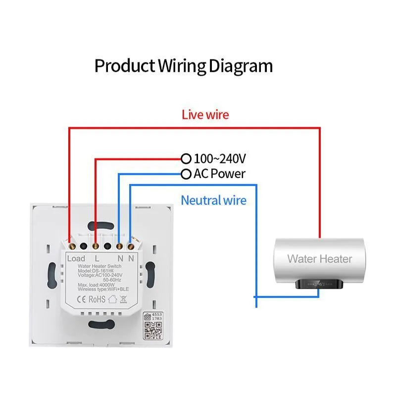 White smart water heater switch with touch panel, 4000W rating, EU standard 86x86x35mm size