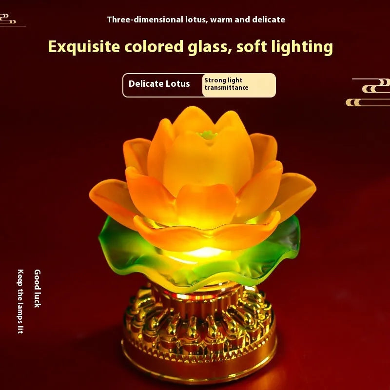 Yellow Chinese style lotus lamp with Buddha design and ABS plastic construction