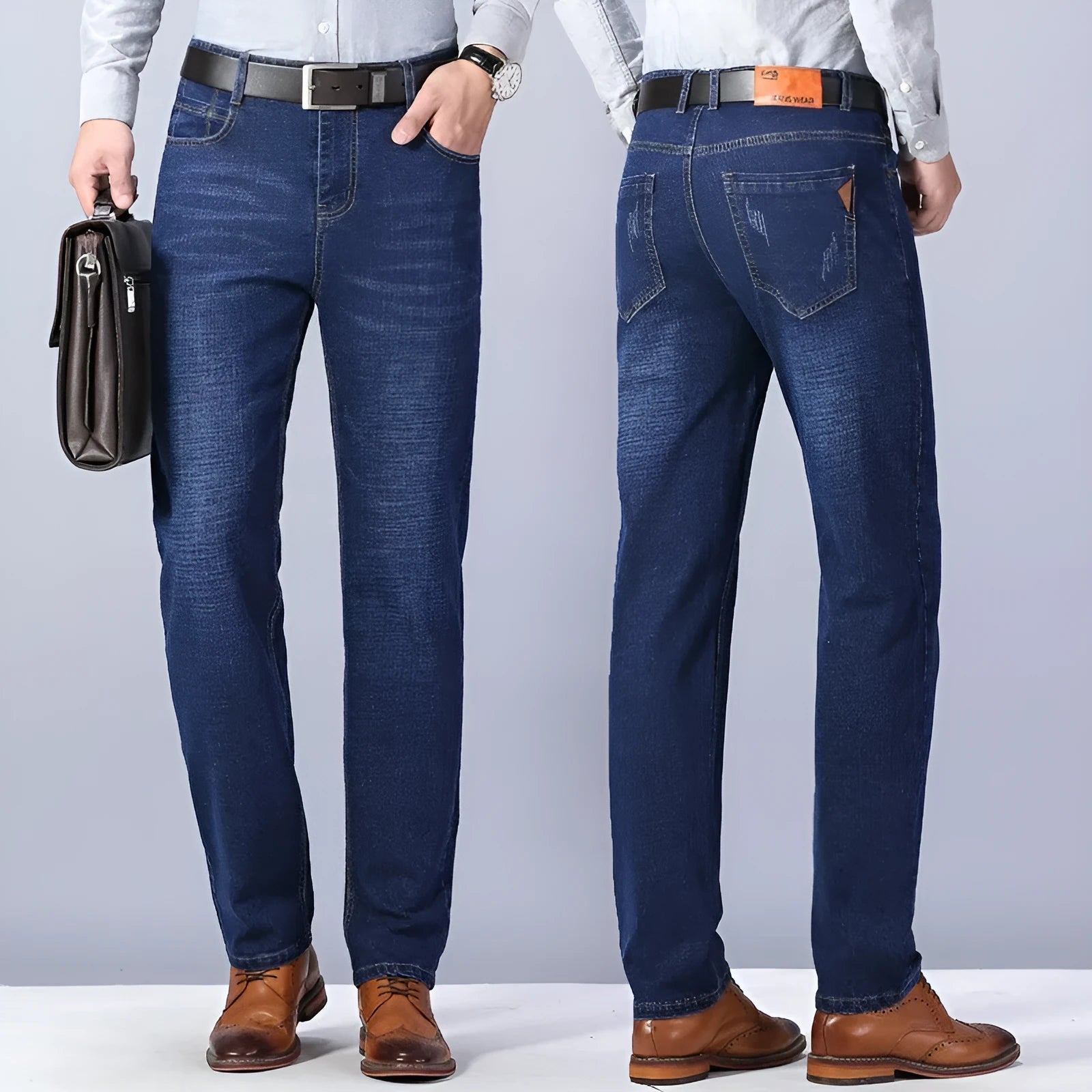 Men's loose straight casual work stretch jeans in blue elastic option with mid-waist and straight leg