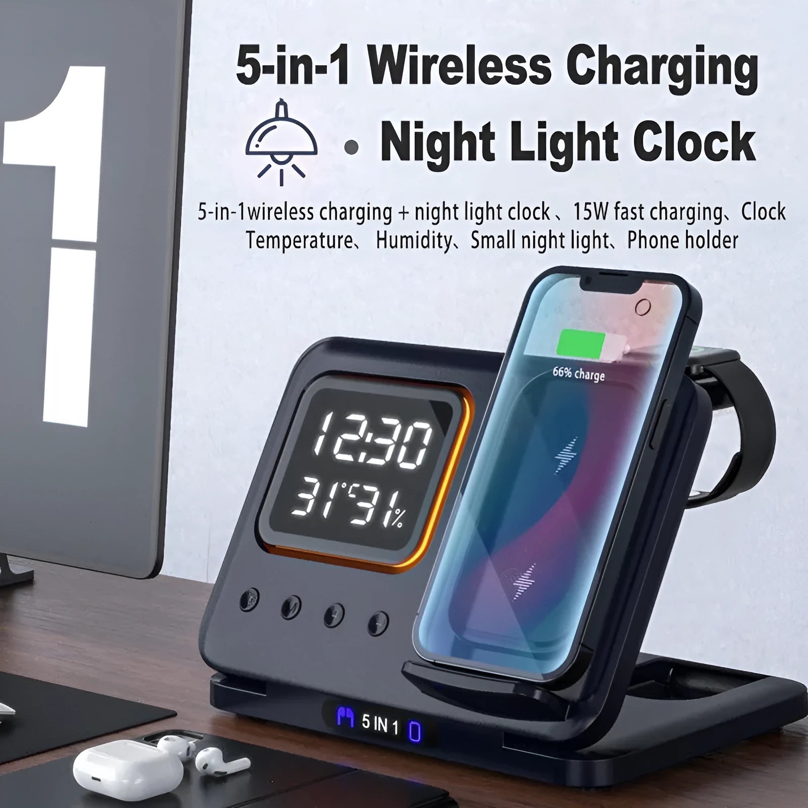 Black and white wireless charging dock station with digital clock display charging a phone, watch and headphones