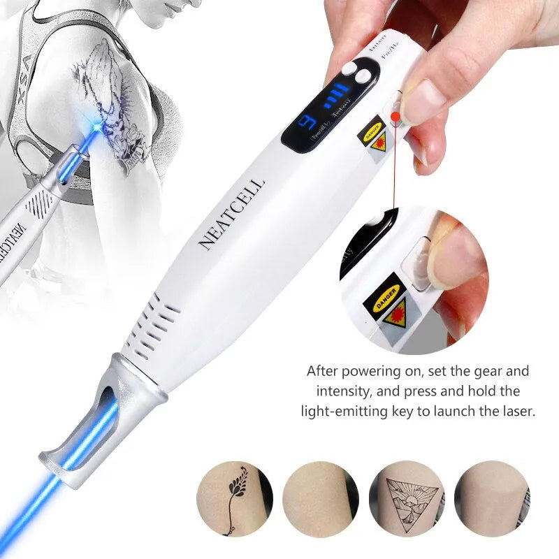 Picosecond laser pen in blue and red colours for tattoo removal and dark spot treatment, with charge cable and safe goggles