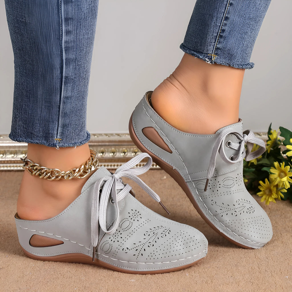 Women's suede lace-up summer slippers with hollow out wedges design in multiple colours