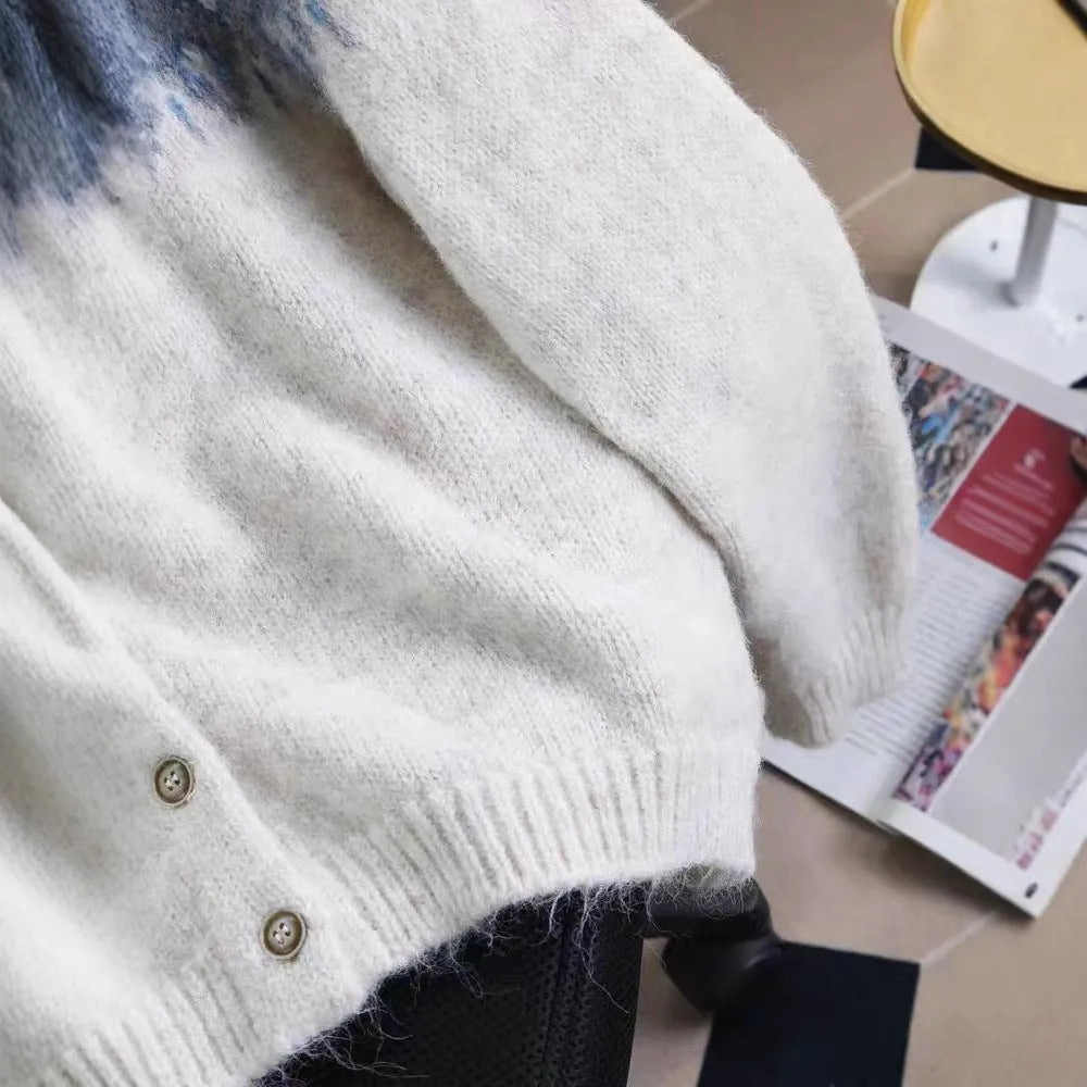 Women's loose fit jacquard knit sweater coat in contrast colours