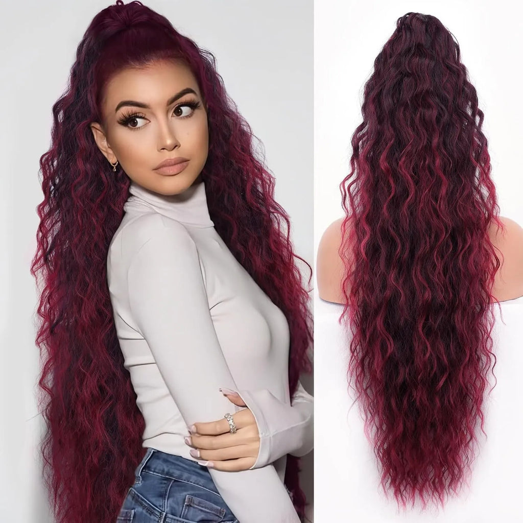 Long, fluffy curly synthetic ponytail wig in a high temperature fibre, shown in a 30-inch length.