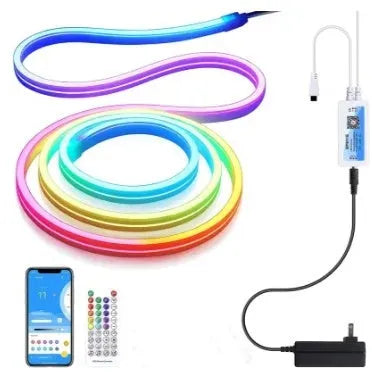 Colourful neon LED strip light with silicone bar, music sync remote, 72 5050 beads per metre, full colour, 5M roll indoor waterproof lighting
