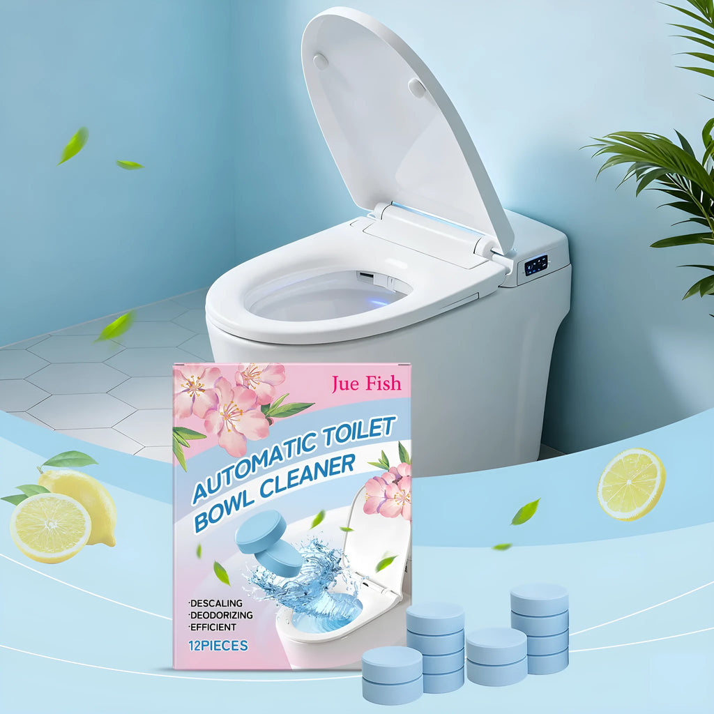 Pack of 12 automatic toilet bowl cleaner sheets with decontamination formula on white background
