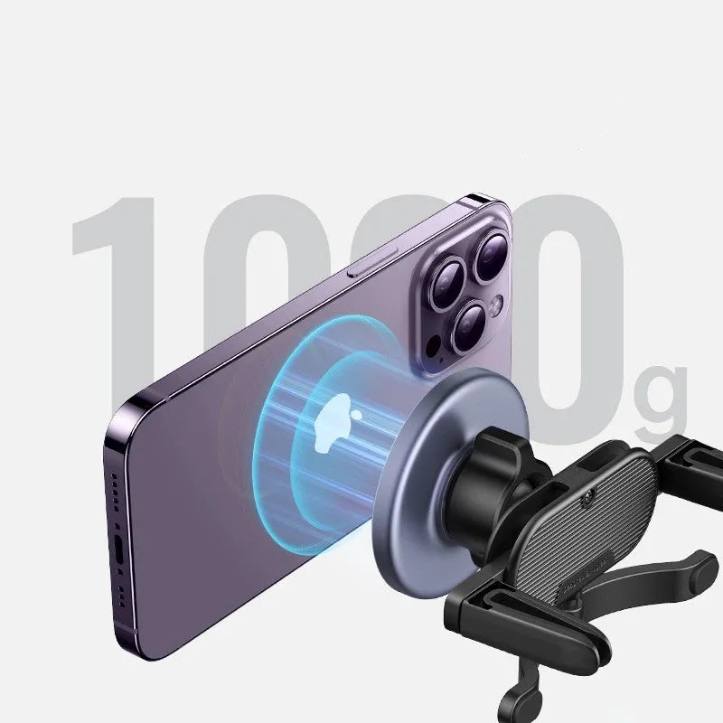 Black magnetic suction mobile phone holder with N52 neodymium magnet, aluminium alloy and silicone construction, for iPhone 12-14